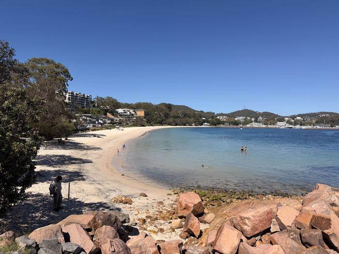 Nelson Bay Beach on a clear day, two minutes from Riviera