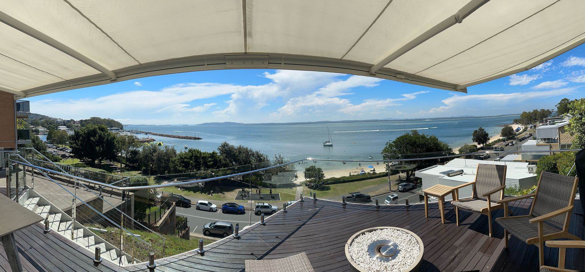 Panoramic 180° water view of Port Stephens harbour from Riviera's entertaining deck, Nelson Bay